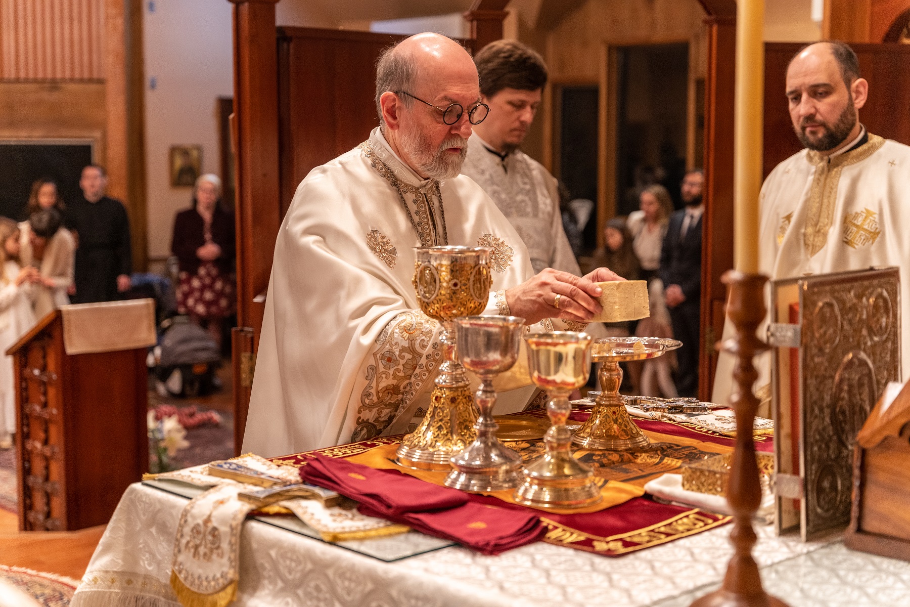 Fr Chad and other clergy around the altar during Pascha liturgy