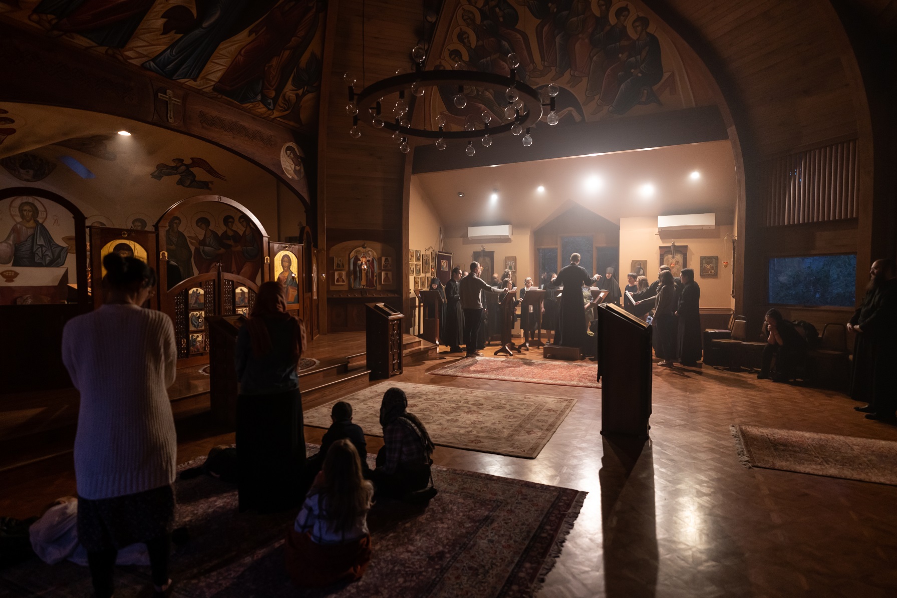 Three Hierarchs Chapel darkened during Bridegroom Matins