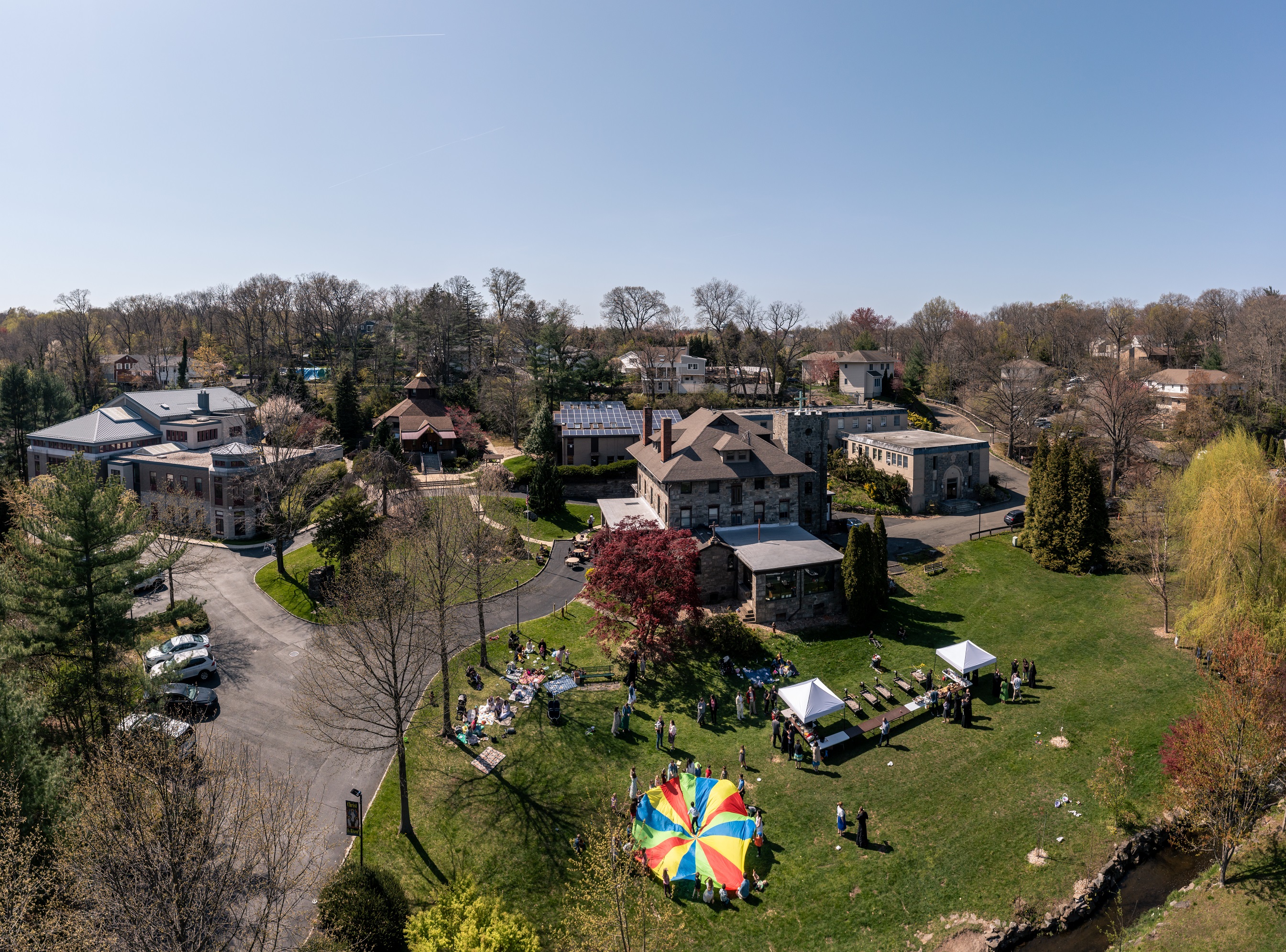 Drone shot over campus showing post-Pascha feast