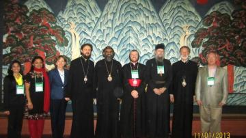 L to R: Lijin Raju, Mariam Ceena Varghese, Dr. Anne Glynn Mackoul, Bishop Maxim, Metropolitan Zachariah, Mor Polycarpus Augin (Eugene) Aydın, Bishop Alexander, Bishop Irinej, SVOTS Prof. Paul Meyendorff