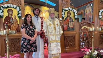 Dn Aaron, Tatiana, and Archbishop Mark following ordination