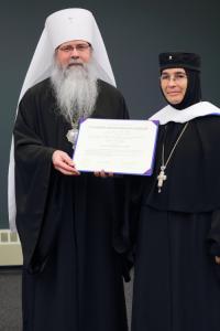 Met. Tikhon presenting Mother Inez with honorary doctorate