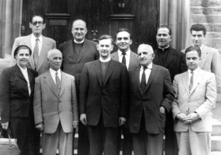 Faculty in 1958 At Union Seminary: back row, (l to r) Boris Ledkovsky, Fr. Paul Schneirla, Veselin Kesich, Archimandrite Dr. Firmilian, Nicholas Ozerov; front row: Sophie Koulomzin, Alexander Bogolepov, Fr. Alexander Schmemann, Nicholas Arseniev, Serge Verhovskoy