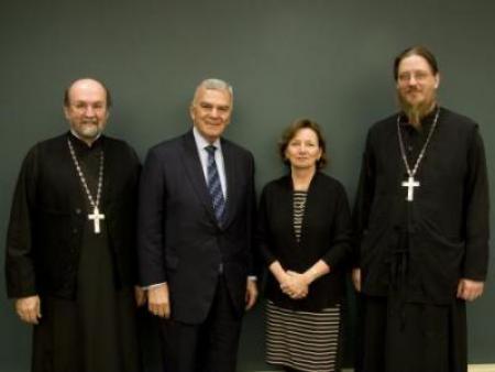 (from left) Chancellor Fr. Chad Hatfield, Executive Board Chair Alex Machaskee, past Executive Board Chair Anne Mackoul, and Dean Fr. John Behr.