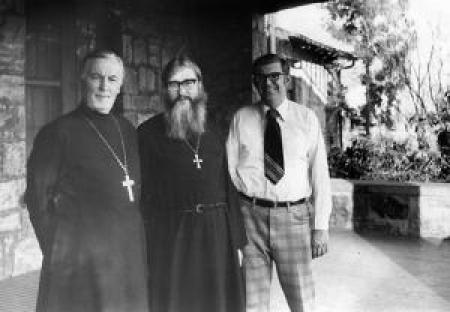 Fr. Alexander Schmemann (left), dean of St. Vladimir's, with Fr. Timothy Ware (now Metropolitan Kallistos), and Prof. David Drillock.