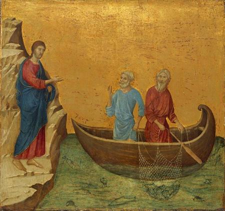The calling of the apostles Peter and Andrew. Duccio di Buoninsegna.