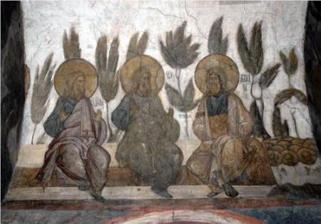 Jacob, Abraham, and Isaac in Heaven (detail of Last Judgment fresco), 1408. Andrei Rublev, Assumption Cathedral, Vladimir, Russia.