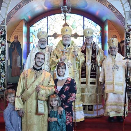 Dn Joseph Thornburg and family with hierarchs at his ordination