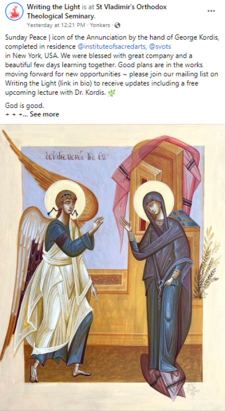 Facebook Post Showing Icon of the Annunciation by the hand of George Kordis, completed at St Vladimir's Seminary