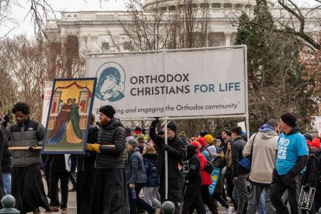 Demonstrators hold up "Orthodox Christians for Life" sign