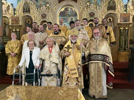 Fr Paul and Matushka Mary with Archbishop Michael, Fr Chad Hatfield, and other clergy, deacons, and altar servers